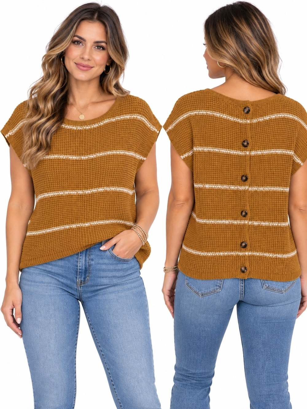 Madewell Mustard & White Striped Knit Short-Sleeve Sweater